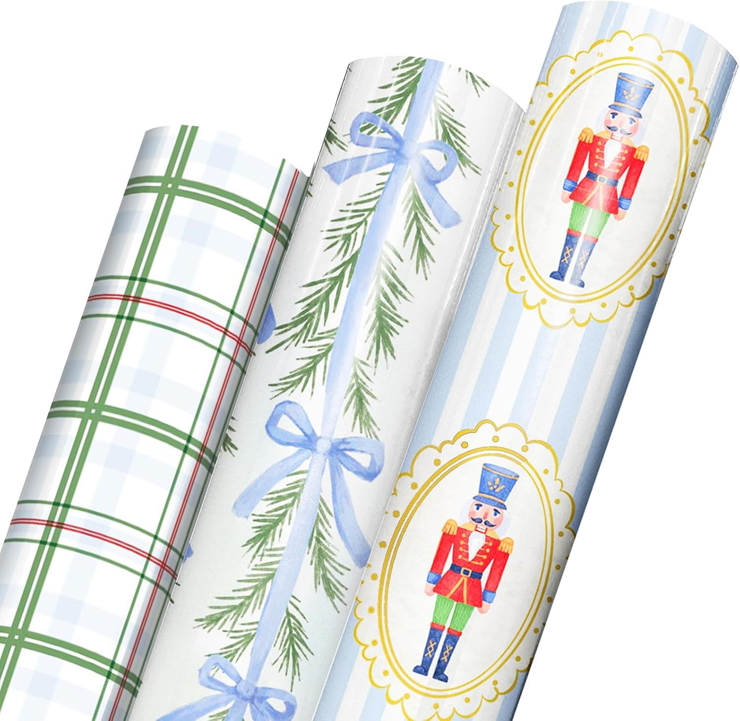 BIOBROWN Nutcracker Christmas Wrapping Paper Rolls, Blue Bow & Plaid Design | Amazon (US)
