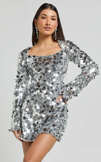 Selena Mini Dress - Flare Sleeve Disc Sequin Dress in Silver | Showpo (ANZ)