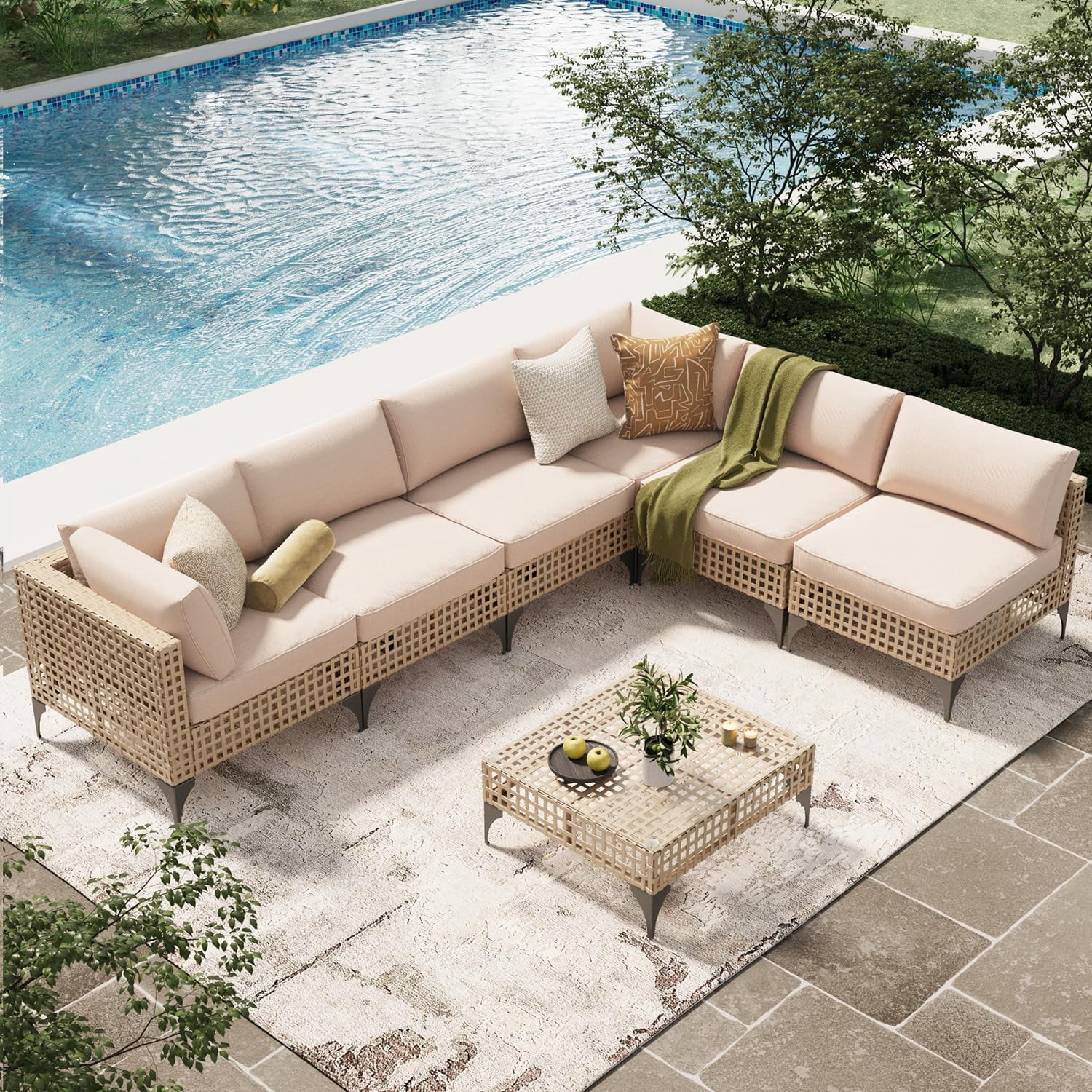 YODOLLA 7-Piece Patio Furniture Set with Coffee Table, Rattan Wicker Outdoor Sectional Sofa Couch... | Walmart (US)