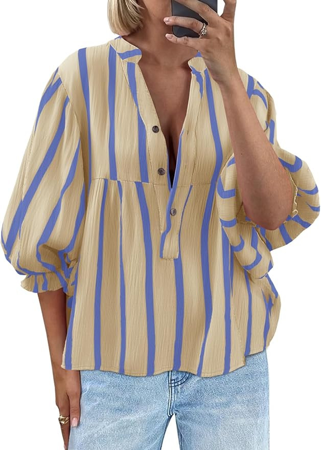 Tankaneo Womens Puff Sleeve Babydoll Tops Summer V Neck Striped Blouse Cute Casual Loose Fit Flow... | Amazon (US)