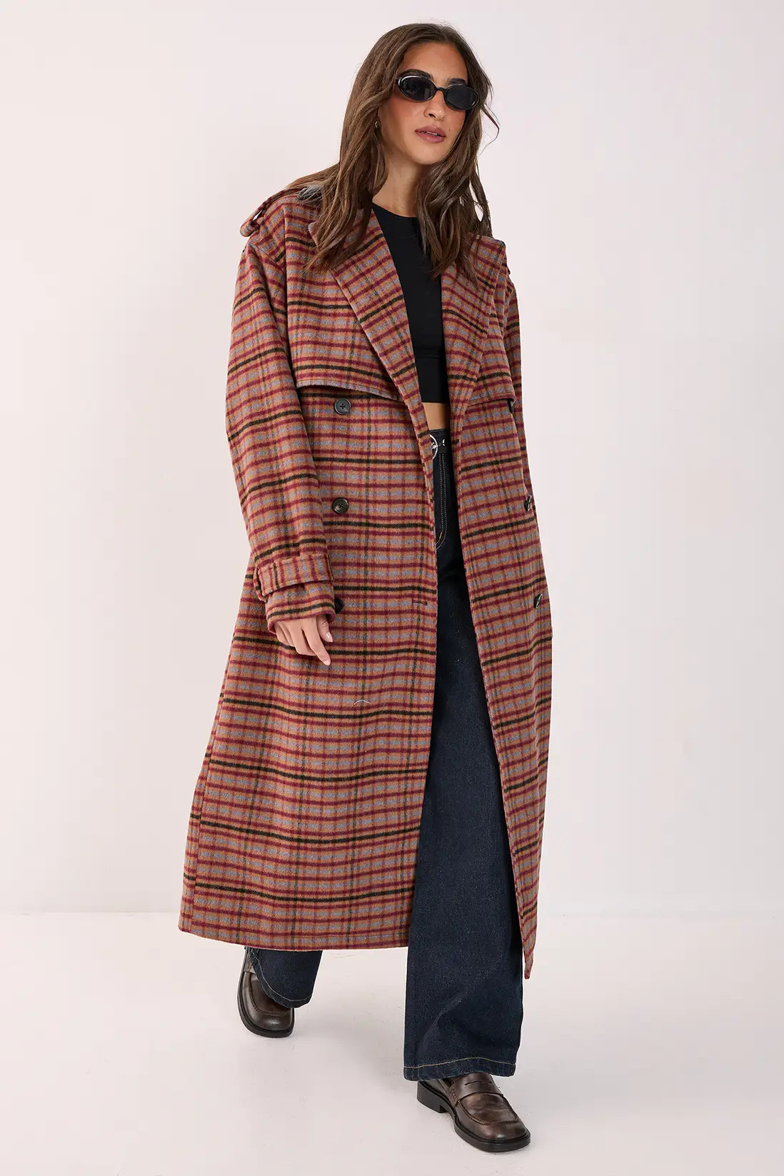 Check Vinyl Collar Trench Coat | boohoo (US & Canada)