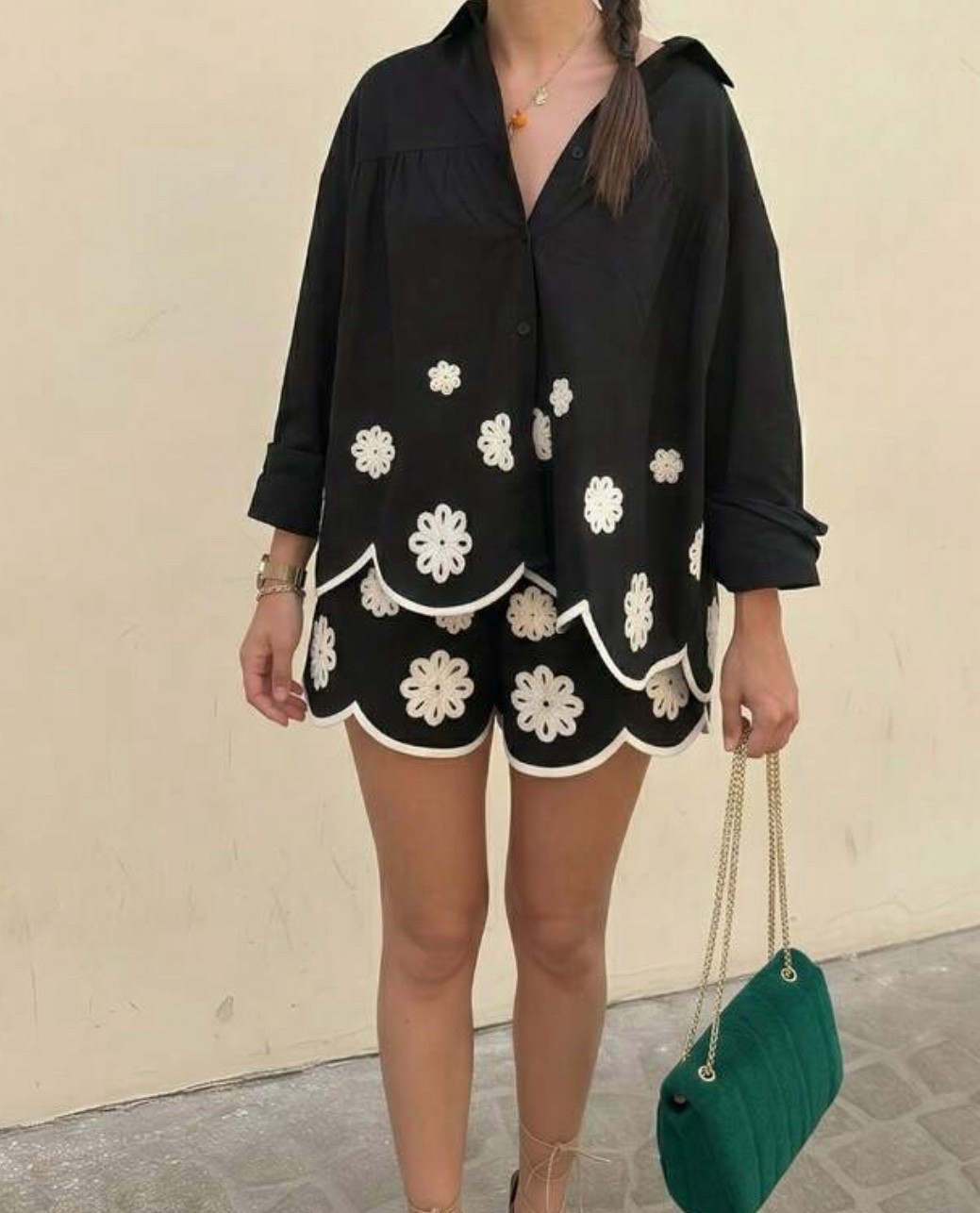 Soring To Summer Vacation Outfits For Women: 2-Piece Casual Set With Contrast Hem Embroidery, Sheer Fabric, V-Neck Cardigan With White Trim Hem And Black Top, Bohemian Casual Holiday Shirt And Black Shorts, Elegant Spring