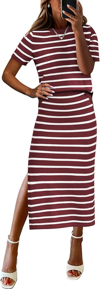 ANRABESS Womens 2 Piece Outfits Striped Sweater Skirt Sets 2025 Summer Casual Short Sleeve Pullov... | Amazon (US)