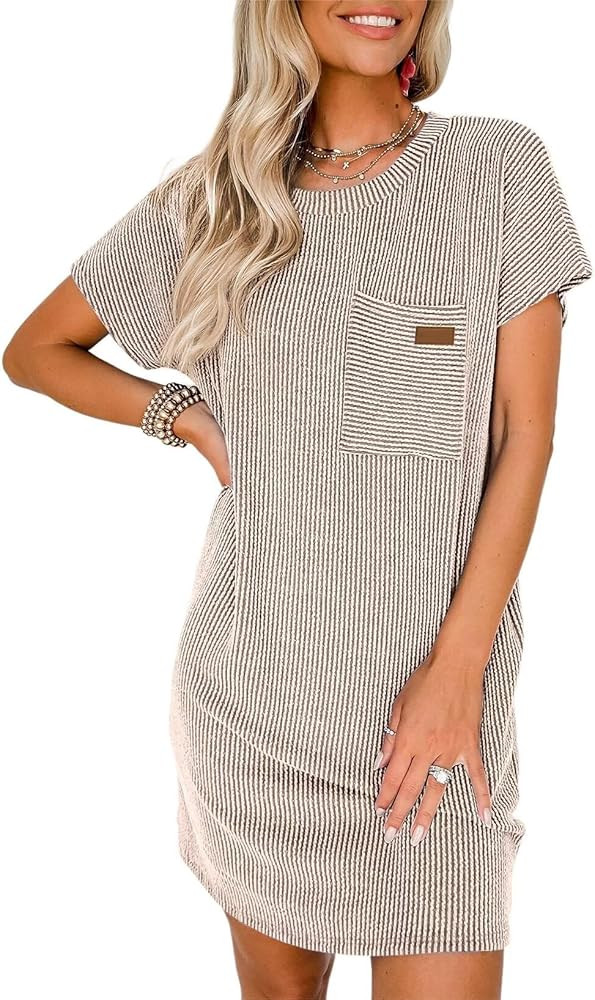 Acelitt Womens Casual Summer Crewneck Short Sleeve Ribbed Mini Tshirt Dress, XS-3XL | Amazon (US)