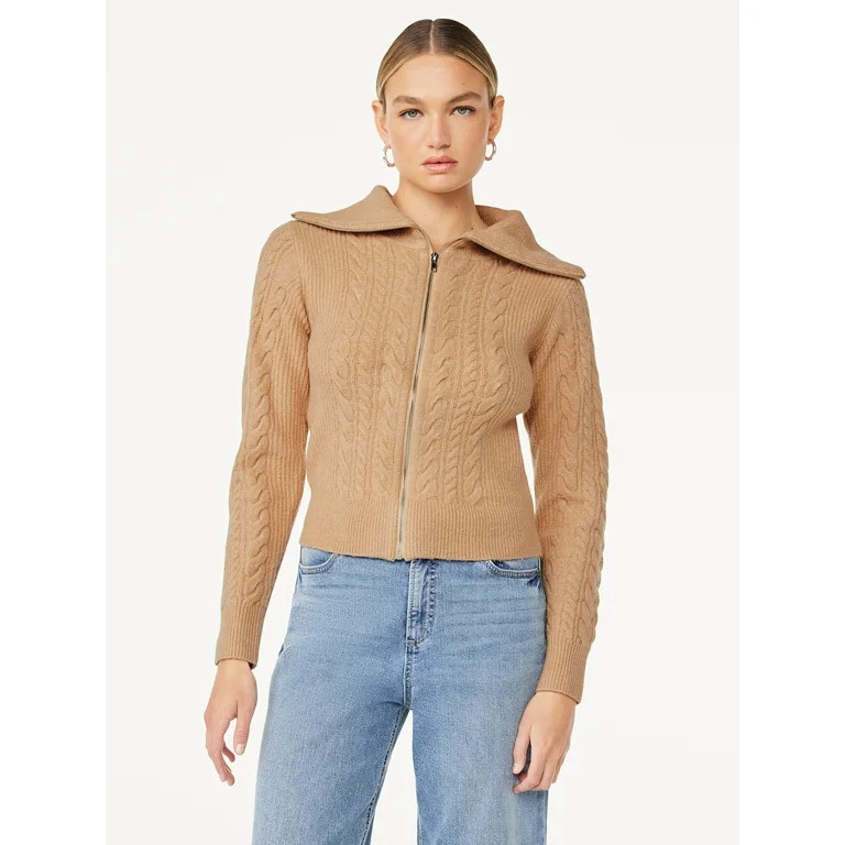 Scoop Women's Long Sleeve Zip Cable Knit Cardigan Sweater, Sizes XS-XXL - Walmart.com | Walmart (US)