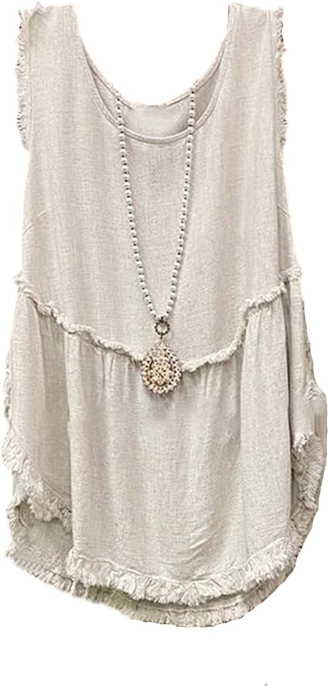 Womens White Tank Tops Scoop Neck Crewneck Sleeveless Frayed Ruffle Cami Cotton Linen Top | Amazon (US)