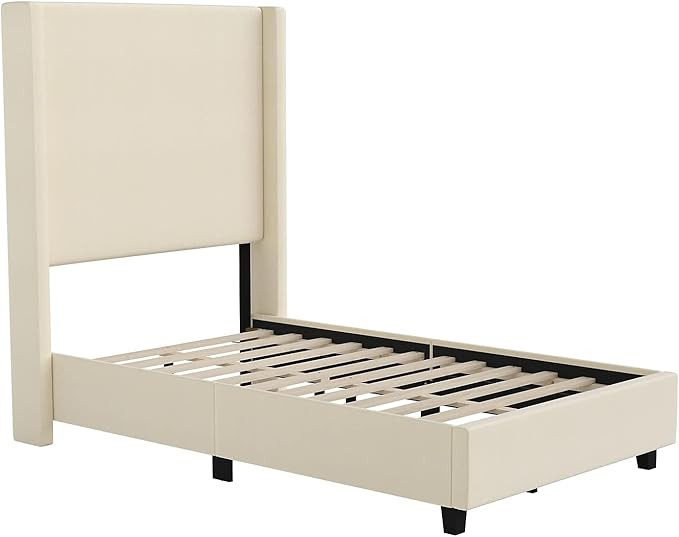 Flash Furniture Quinn Upholstered Platform Bed - Beige Channel Stitched Wingback Headboard - Twin... | Amazon (US)
