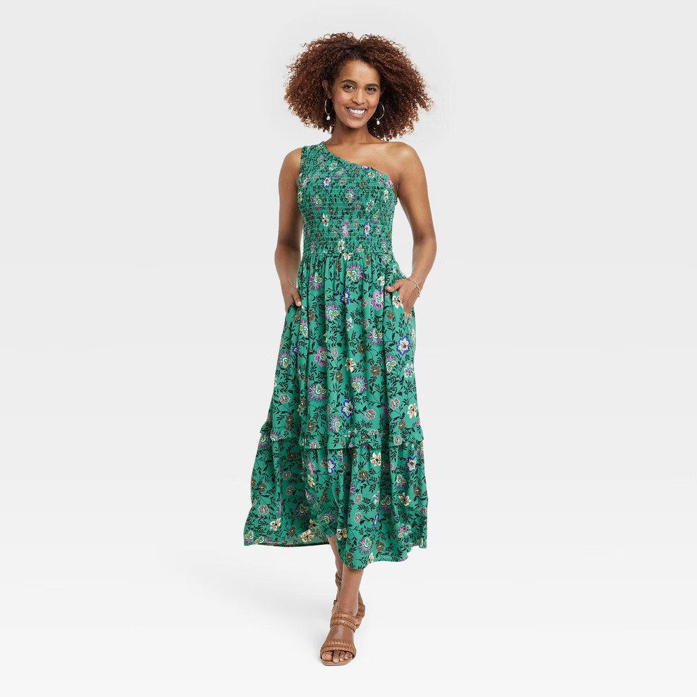 Women's Sleeveless One Shoulder A-Line Dress - Knox Rose™ Green Floral S | Target