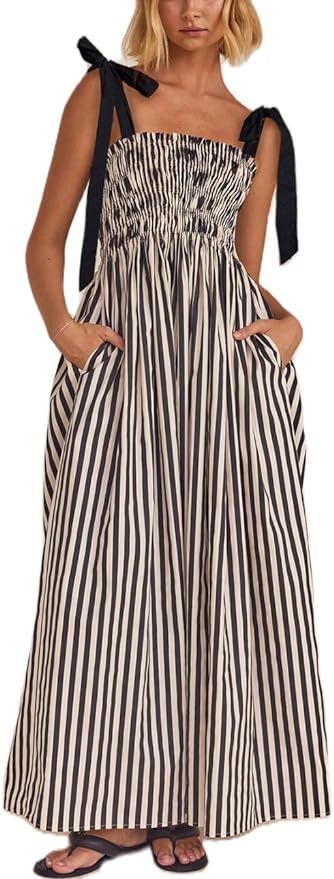 Women Summer Colorful Striped Maxi Cami Dress Spaghetti Strap Boho Long Flowy Sun Dresses A Line ... | Amazon (US)