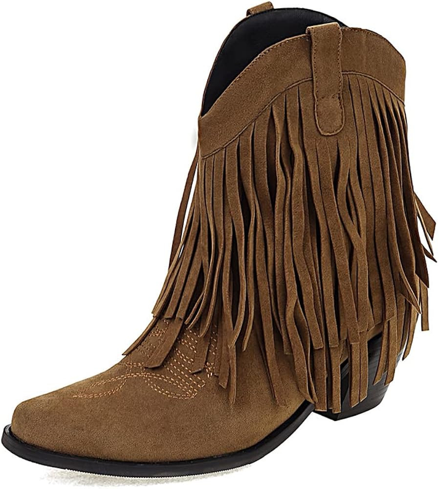 Tscoyuki Women's Western Tassel Cowboys Ankle Boots, Retro Embroidery Pointy Toe Chunky Block Heel C | Amazon (US)