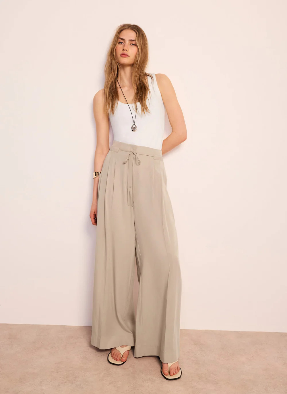 Neutral Tie Waist Wide Trousers | Mint Velvet