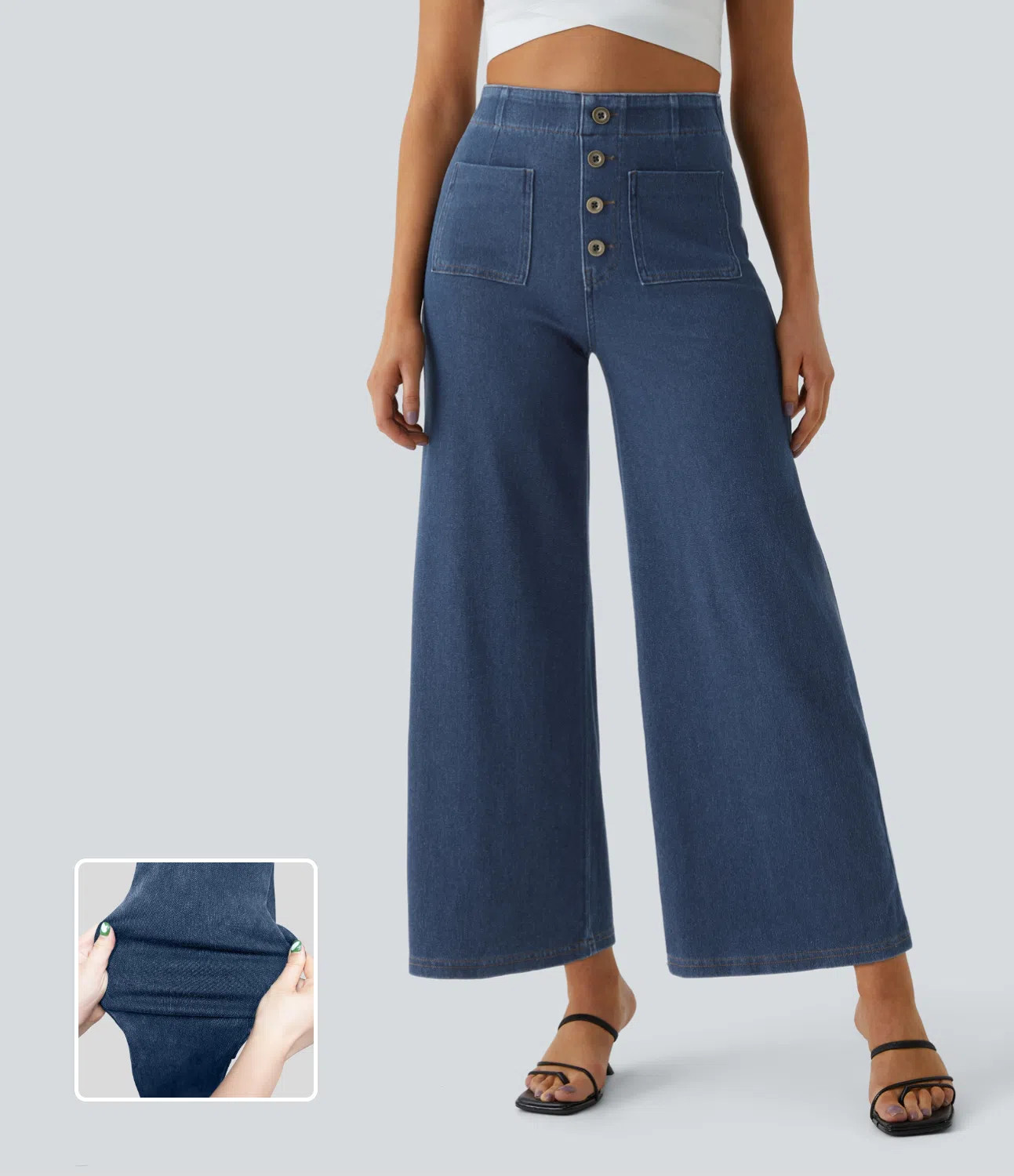 Women’s Halara Flex™ High Waisted Button Pockets Washed Stretchy Knit Casual Wide Leg Jeans -... | HALARA