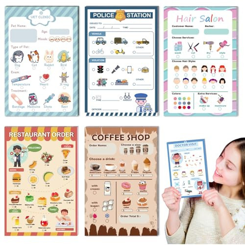 6 PCs Kids Pretend Play Notepads 4X6 in Pretend Play Notebooks Playtime Notepads Variety Role Play Game Accessories Include Restaurant Doctor Police Vet Coffee Salon 30 Pages Each for Toddlers 3-5 | Amazon (US)