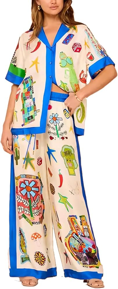 Womens 2 Piece Boho Print Summer Beachwear Suit Sets Short Sleeve Button Down Shirt Wide Leg Pant... | Amazon (US)