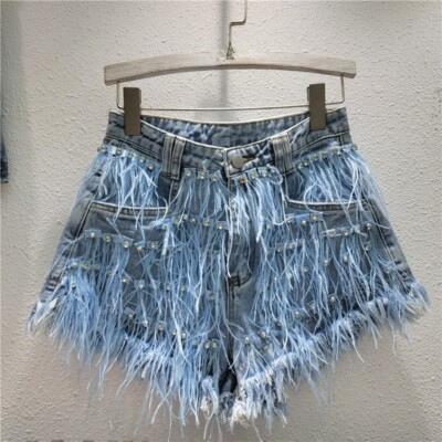 Women Mini Denim Shorts Diamond-encrusted Ostrich Hair Slim sexy Jean Hot Pants  | eBay | eBay US