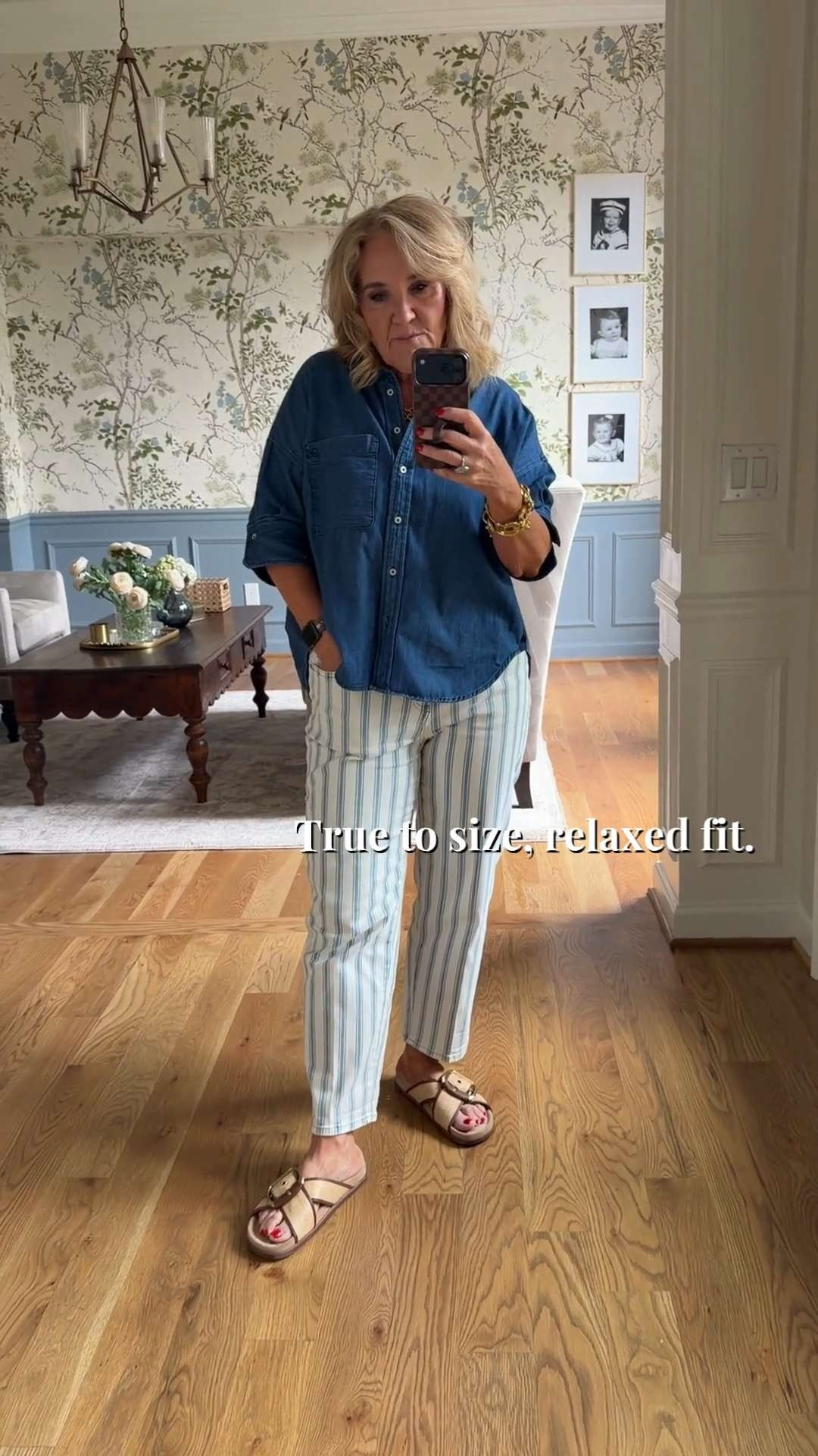 Tap the bell 🔔, heart ❤️ this post, and save for later!

Want to look pulled together without feeling overdressed?

The denim-style top adds structure without feeling stiff.
The striped pants keep the outfit light, breathable, and easy to wear.
Slides make it simple to get out the door fast.

Fit note: Size not provided. The overall look appears relaxed and easy through the body and leg.

This is the kind of outfit that works for school pickup, errands, lunch dates, and casual afternoons out.

Save this one for those days when you want comfort but still want to look polished. 

 #LTKootd #LTKSeasonal #LTKOver40