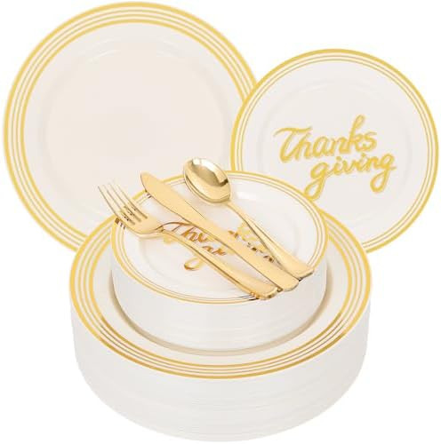 EI 150pcs Thanksgiving Plastic Plates with Gold Plastic Silverware,Beige and Gold Plates for 30 G... | Amazon (US)