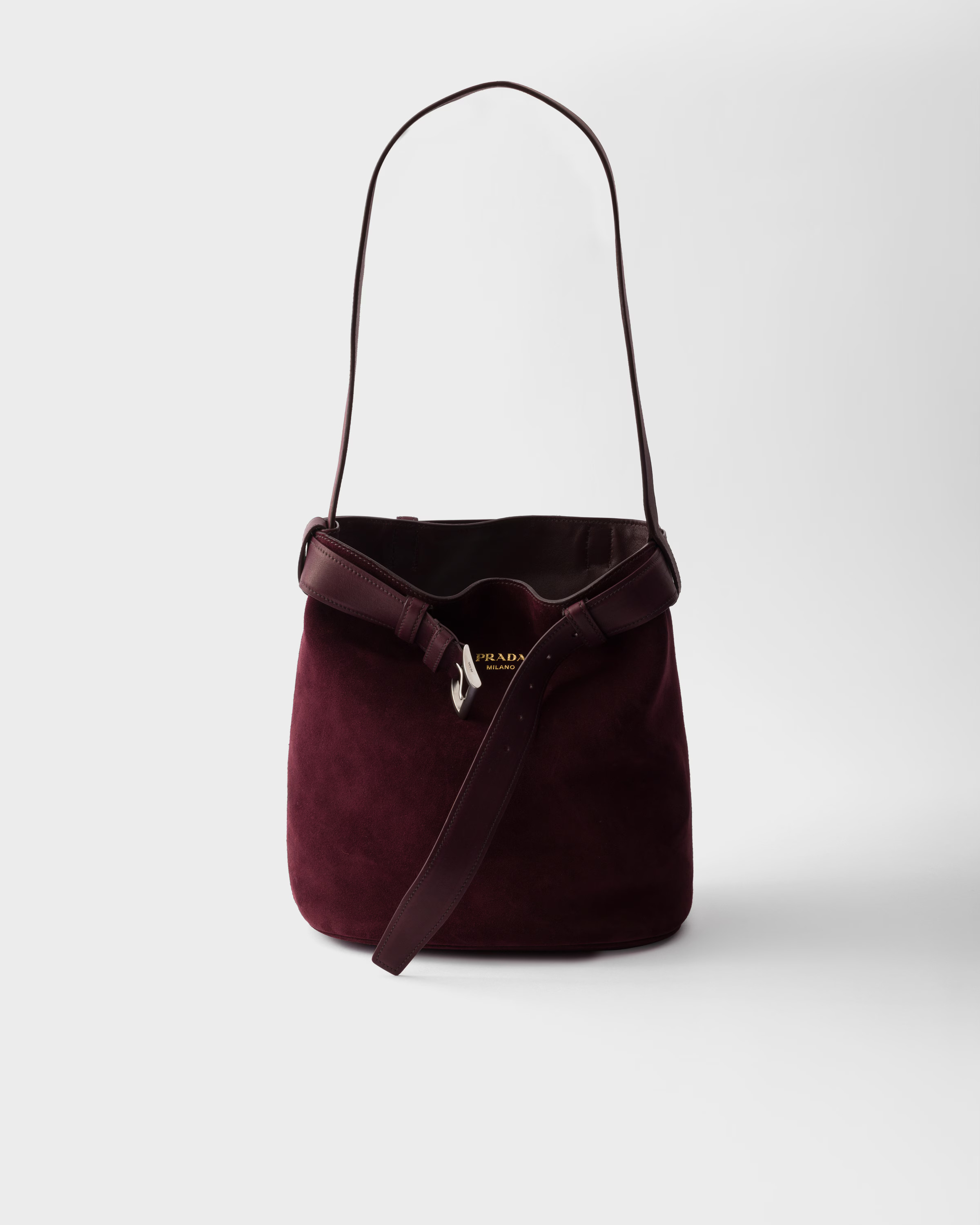 Prada Buckle belted suede bucket bag | Prada US
