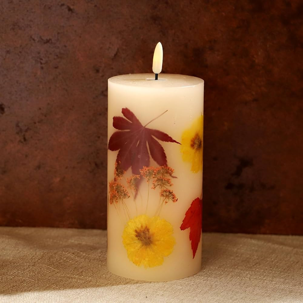 Fall Flameless Candles with Real Maple Leaf & Marigold Embedded Pillar Candles Battery Operated w... | Amazon (US)