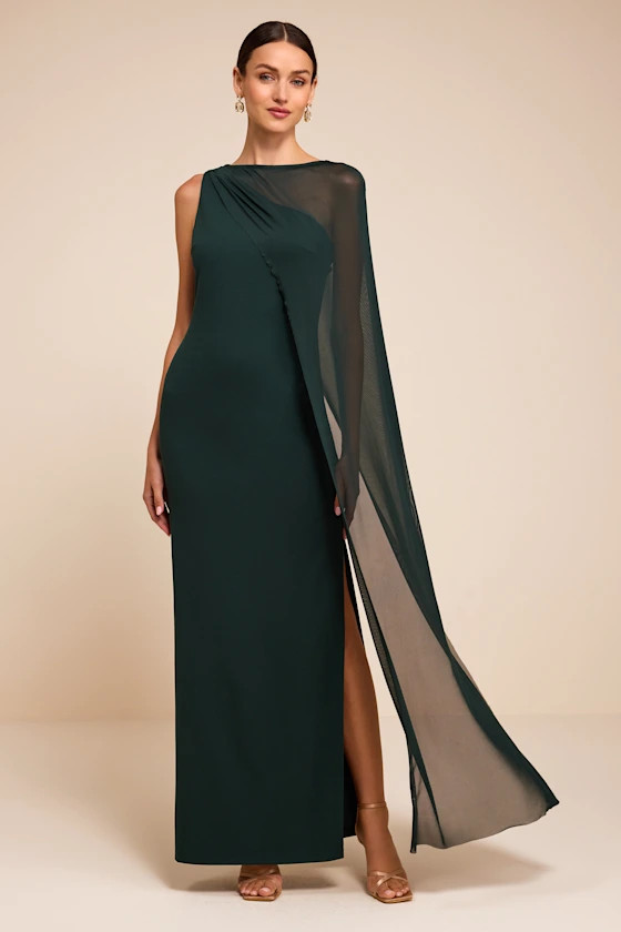 Stassi Emerald Green Asymmetrical Cape Maxi Dress | Lulus