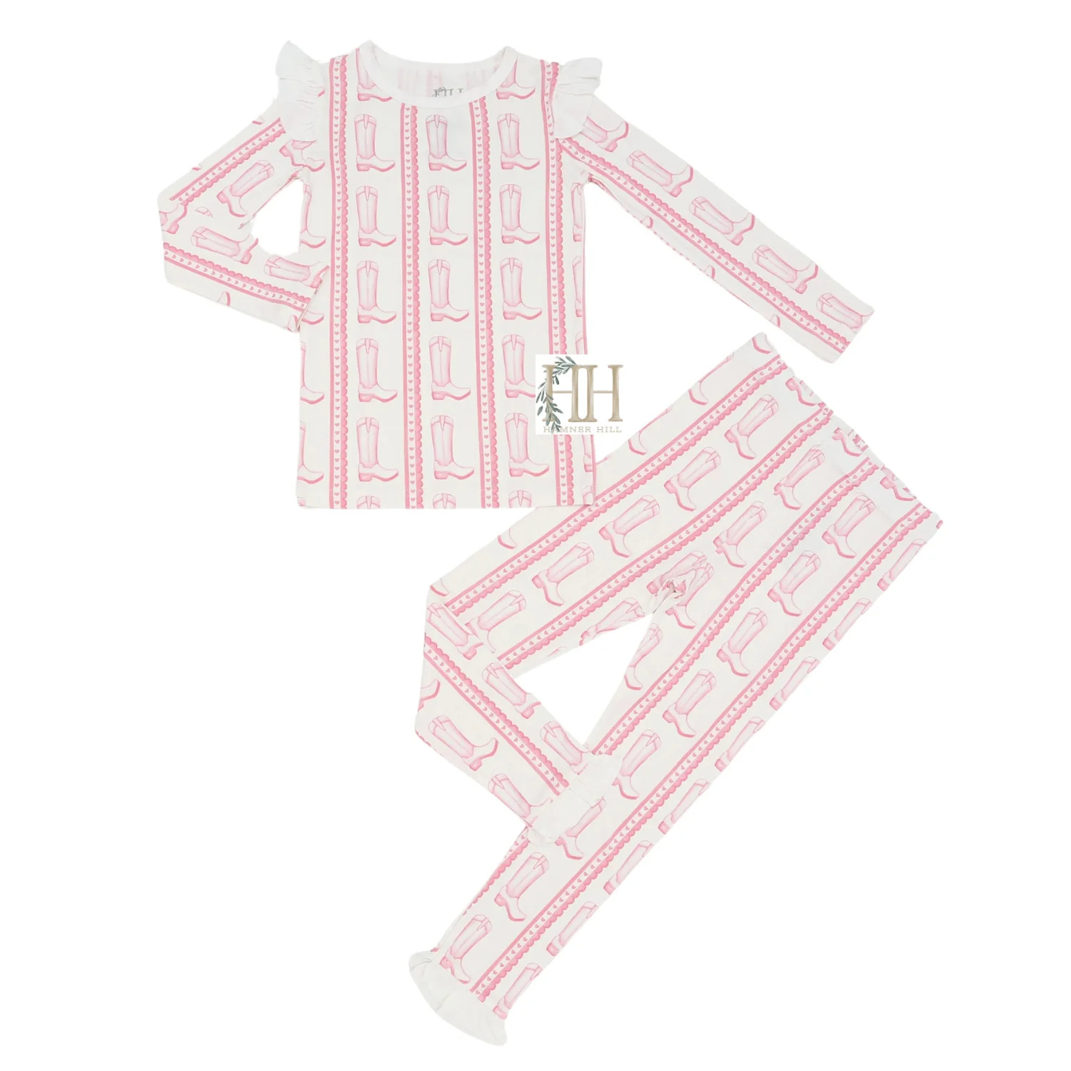 Girls Pink Heart Boot Ruffle Loungewear Set | Hamner Hill