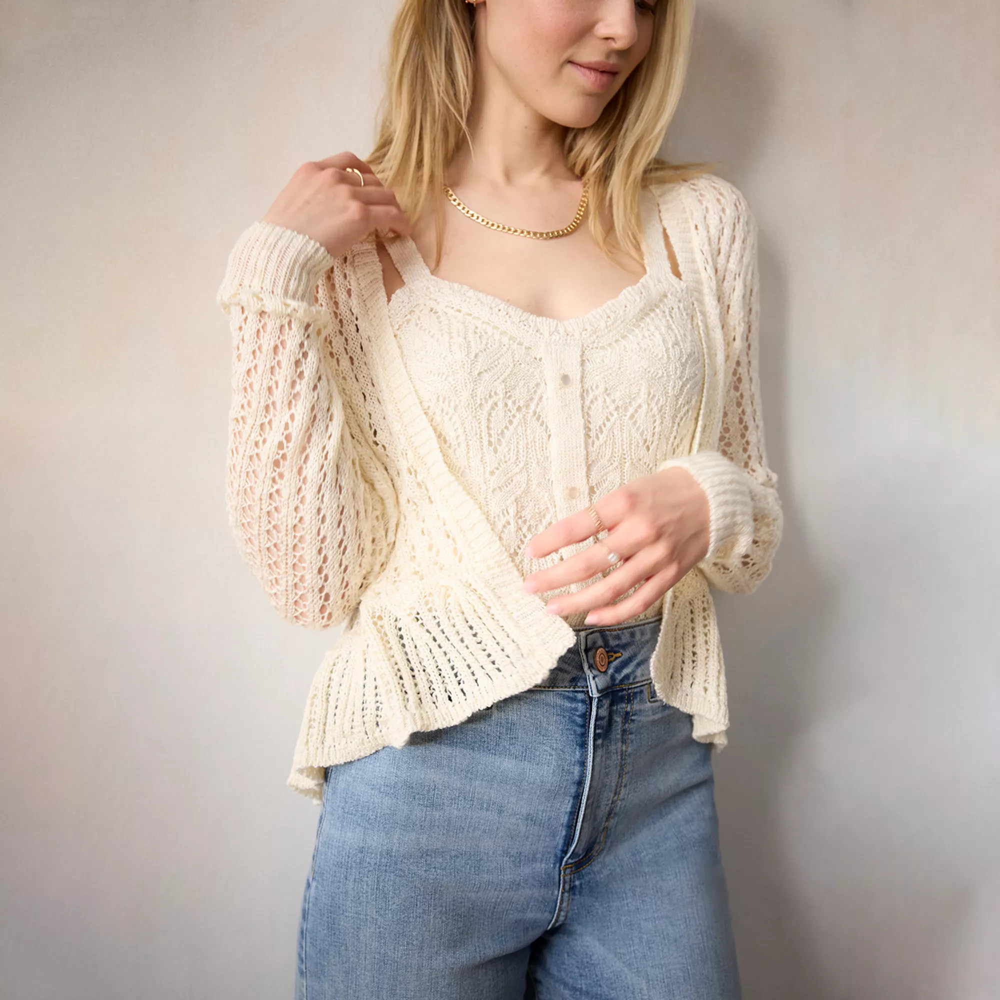 Women's LC Lauren Conrad Flounce Ruffle Cardigan & Pointelle Tank Top | Kohl's