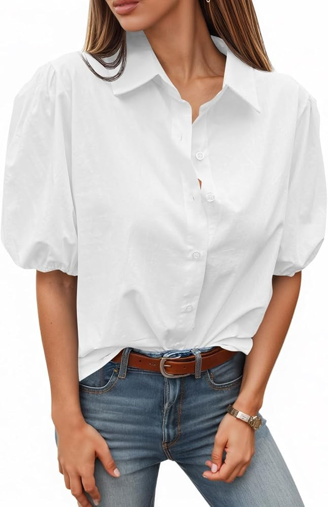 Tankaneo Women's Button Down Shirts Short Puff Sleeve Collared Dressy Casual Blouse Tops | Amazon (US)