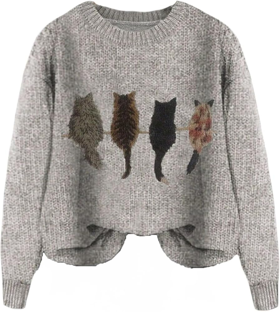 WDIRARA Women's Cat Graphic Sweater Long Sleeve Crew Neck Knit Tops Casual Knitwear | Amazon (US)