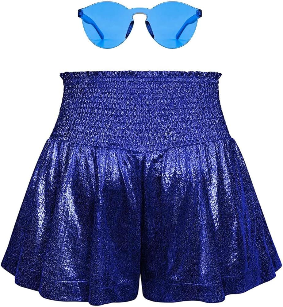MAKARTHY Women's Metallic Shorts Elastic High Waist Shiny Sparkly Sequin Rave Pants with Glass | Amazon (US)