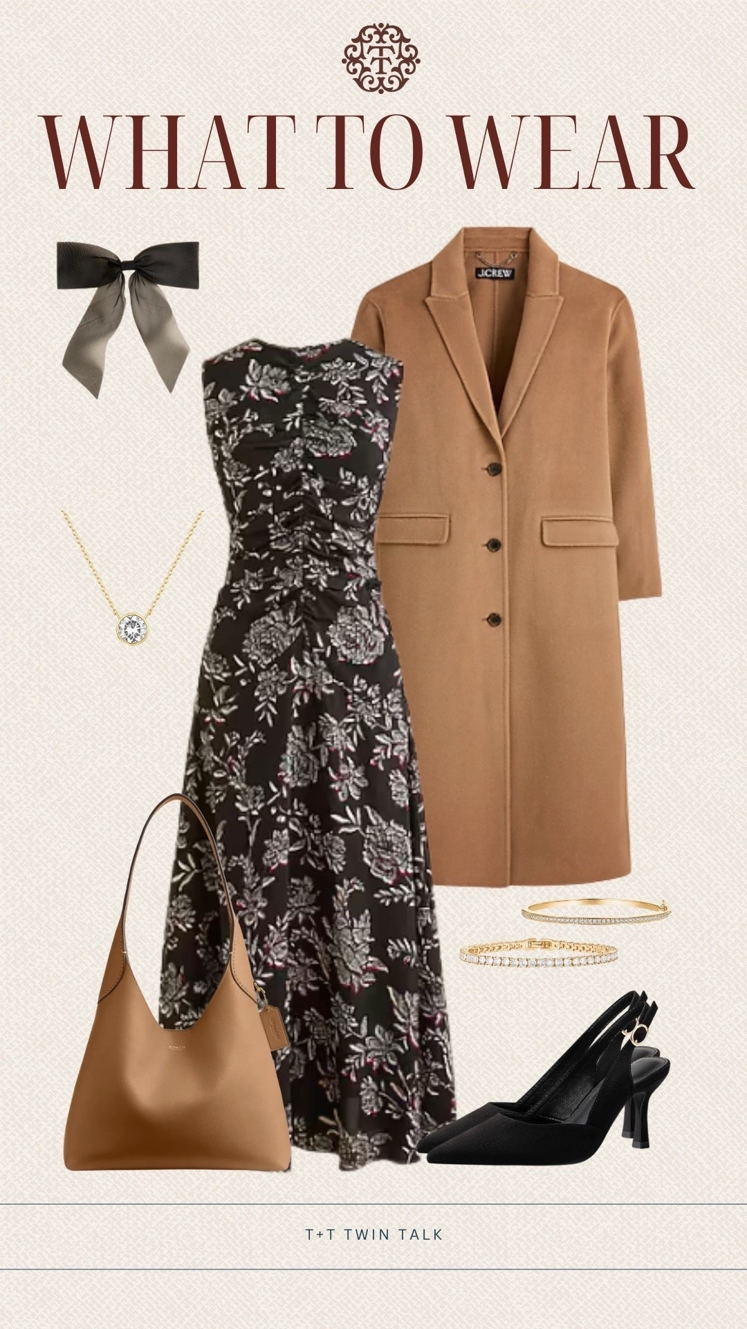 T+T, outfit inspiration for a special event. We are loving this patterned dress from J.Crew paired with a long camel colored coat. Add a matching purse, heels, and gold accessories to complete the look for a chic, put together outfit.

#LTKOver40 #LTKMidsize #LTKSeasonal