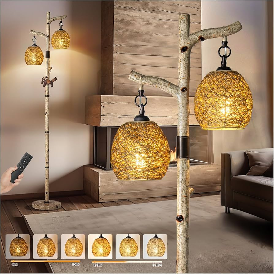 68.5" Rustic Farmhouse Remote Control Switch Birch Tree Floor lamp with Bird Nest Lantern Shade V... | Amazon (US)
