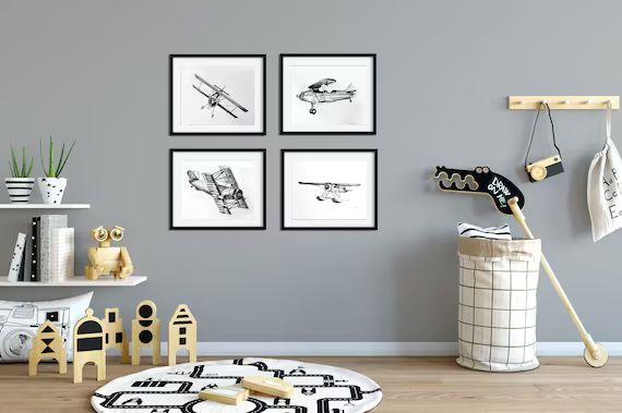 Airplane Nursery Art Set of 4, Boy Nursery Decor,  Boys Nursery Art, Airplane Decor, Pilot Gift, ... | Etsy (US)