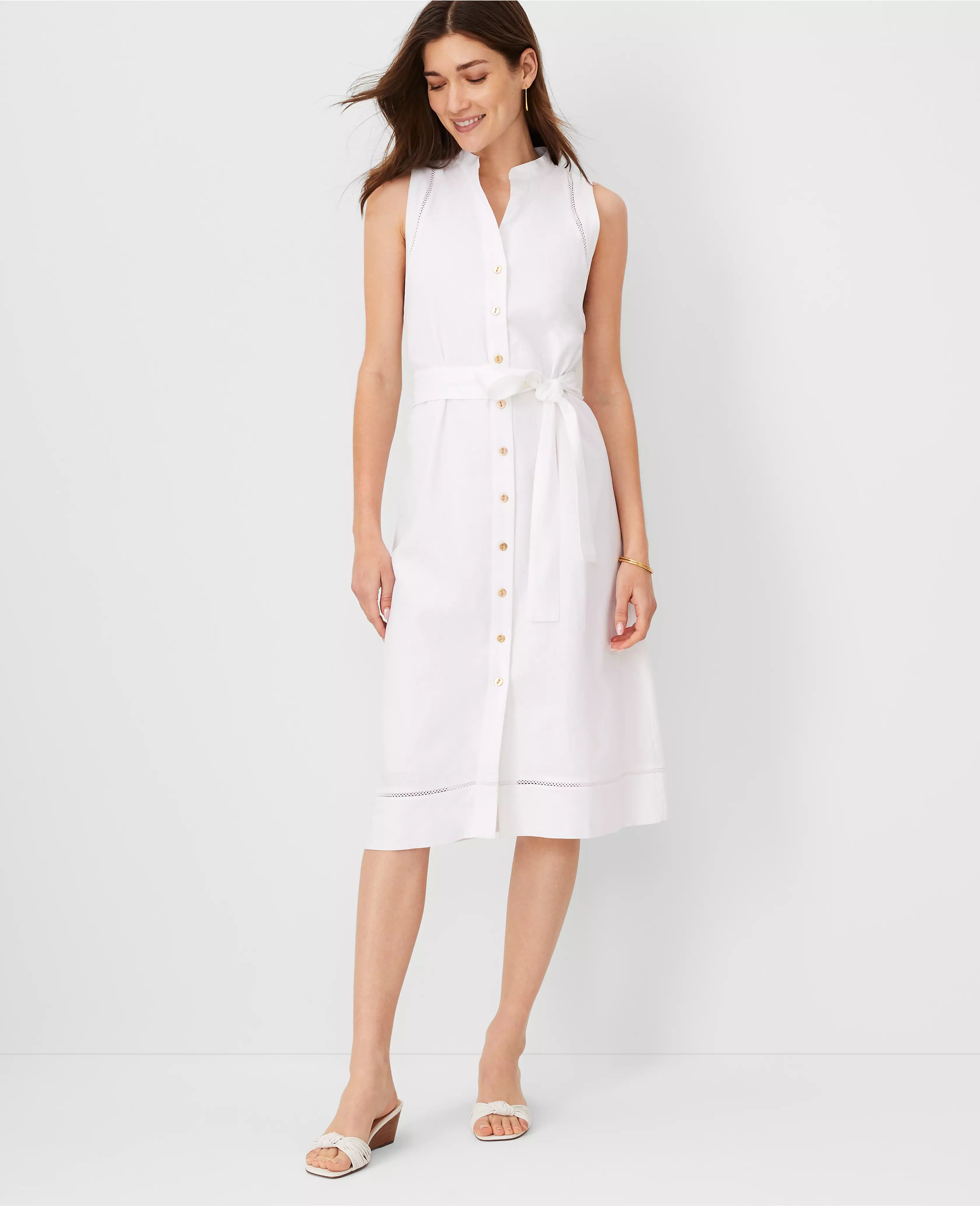 Linen Blend Split Neck Sleeveless Shirtdress | Ann Taylor (US)