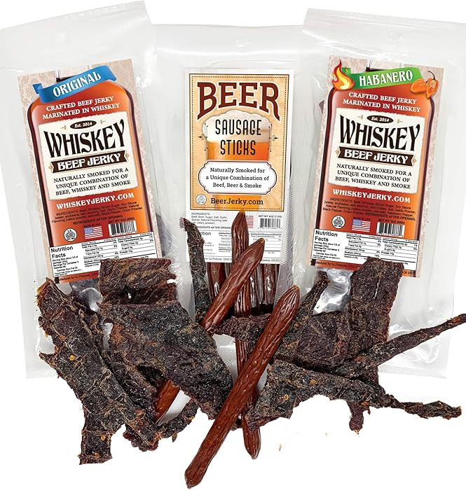 WhiskeyJerky.com, Beef Jerky and Sausage Sticks Marinated in Whiskey, Variety 3-Packs, Jerky Gift... | Amazon (US)