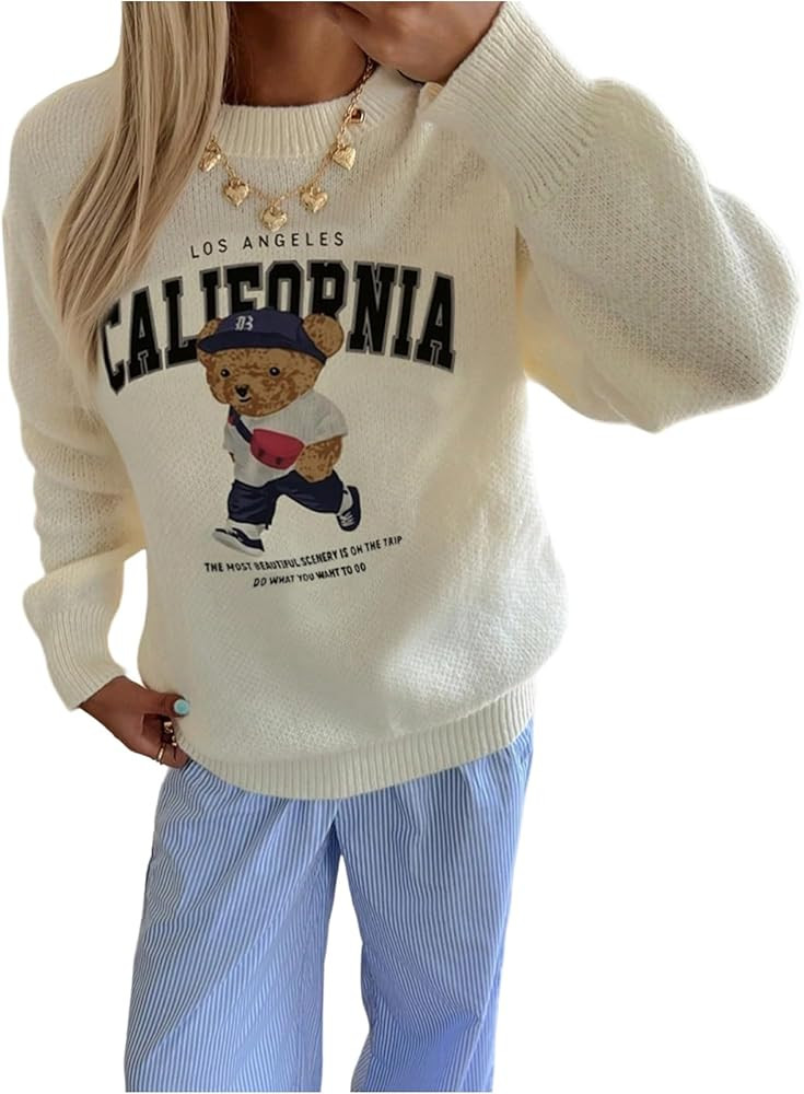 Women's Letter Teddy Bear Sweater Long Sleeve Crew Neck Fall Cute Knitted Pullover Tops | Amazon (US)