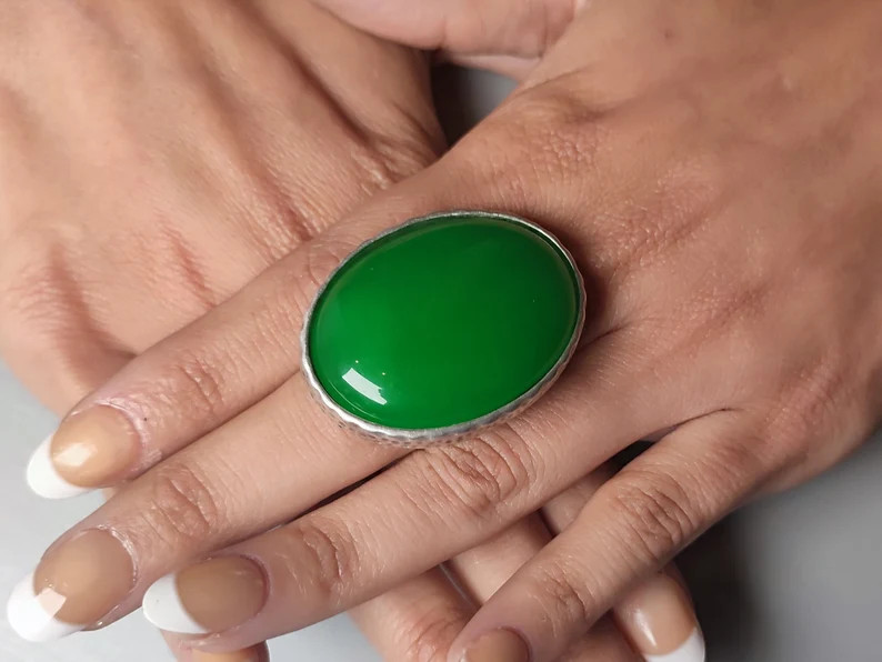 Large green Jade ring, oval statement ring, antique silver adjustable gemstone ring | Etsy (US)