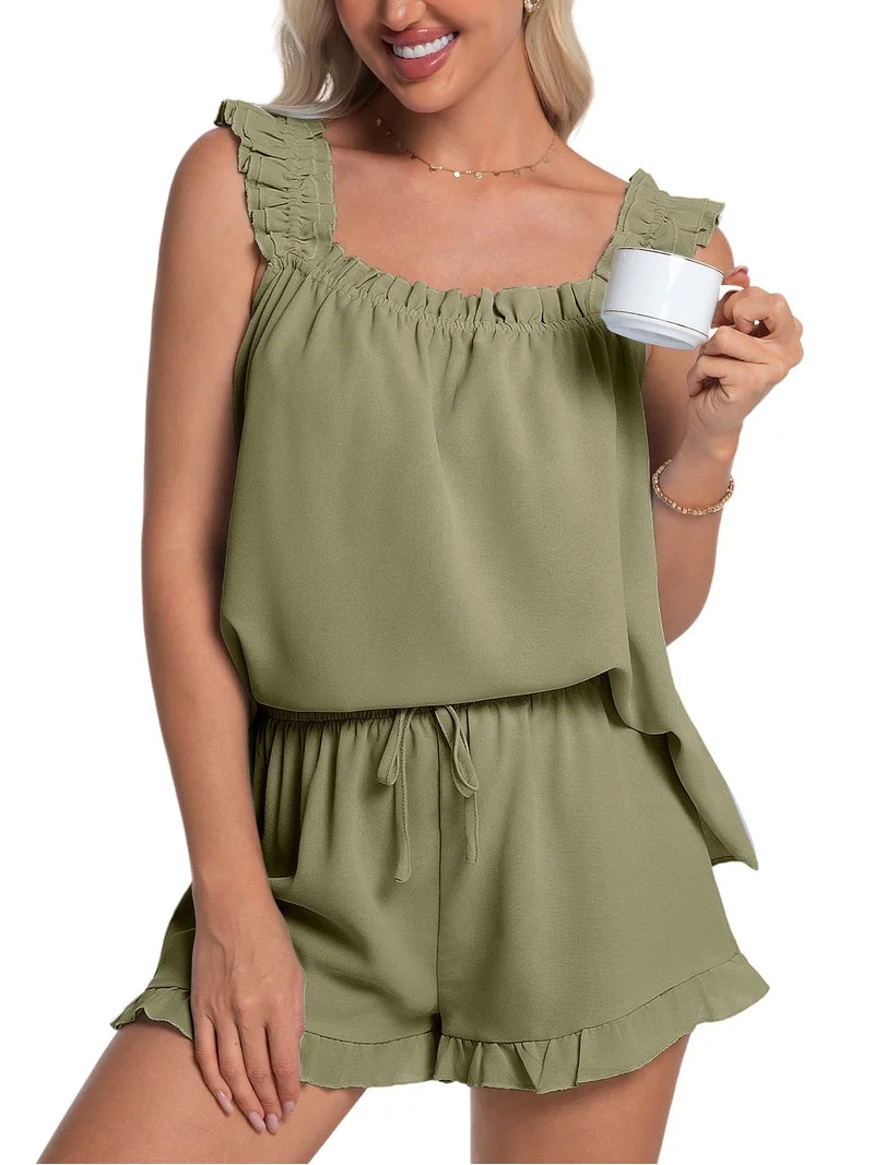 DAKIMOE Womens Pajamas Set 2 Piece Ruffle Pj Soft Tank Top and Shorts Sleepwear Lounge Sets for W... | Walmart (US)