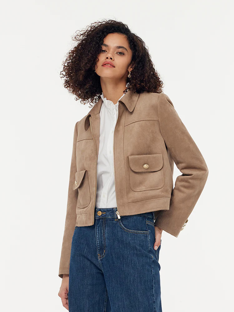 Faux Suede Zip-Up Women Lined Crop Jacket - Dark Beige / S | GOELIA