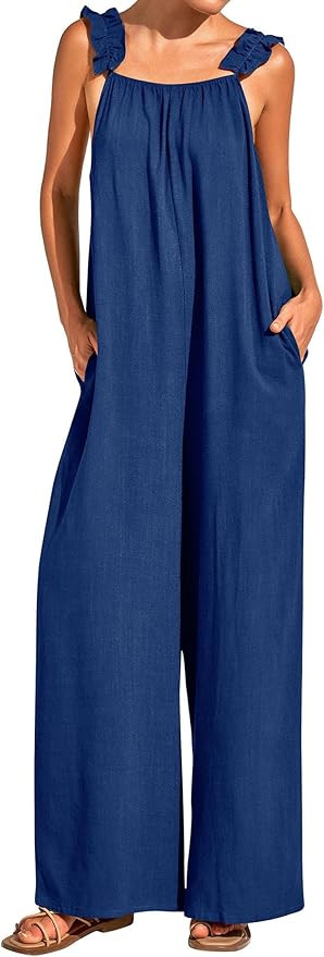 KIRUNDO Womens Overalls Casual Loose Sleeveless Wide Leg Jumpsuits Ruffle Spaghetti Strap Long Pa... | Amazon (US)