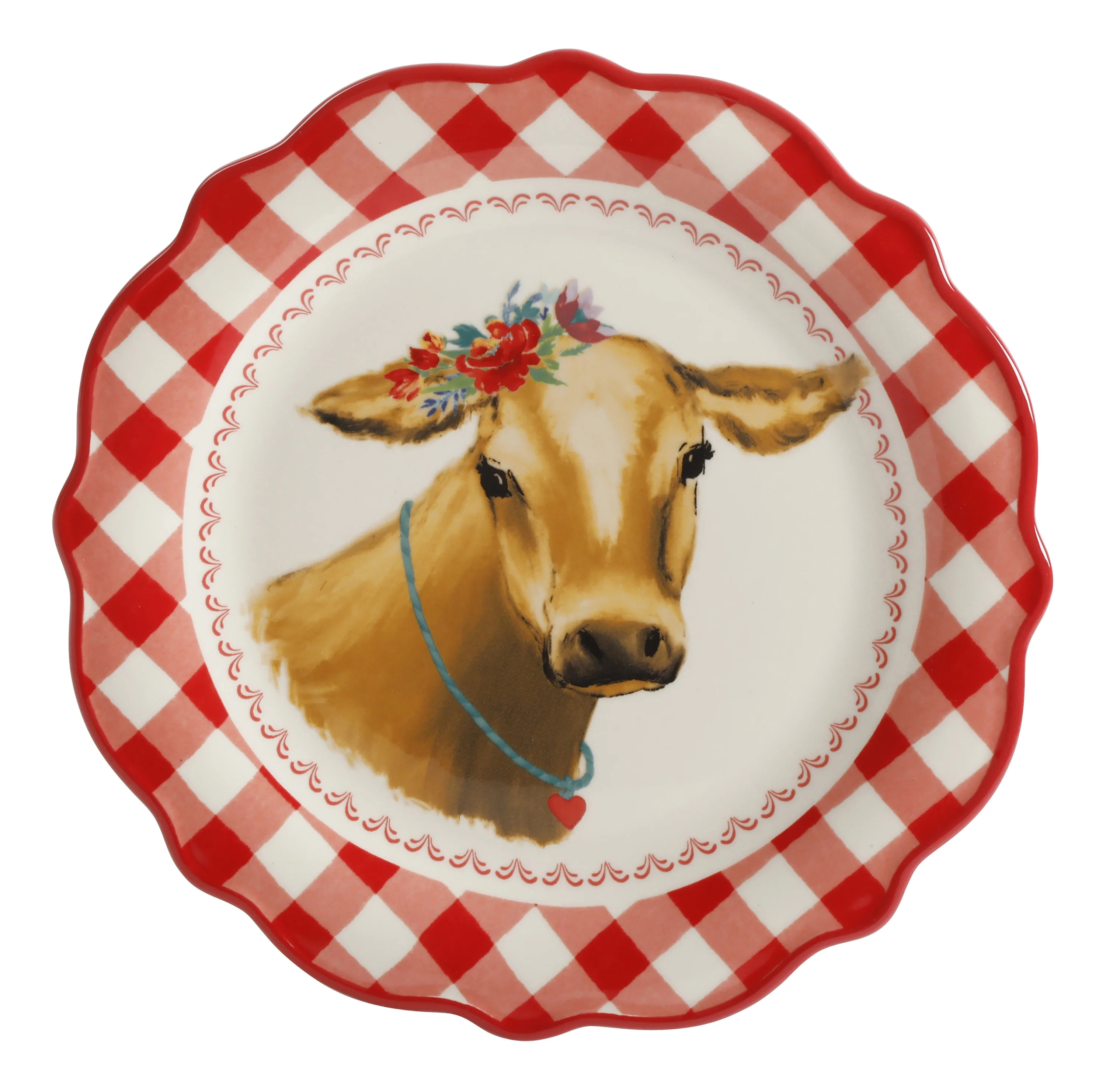 The Pioneer Woman Red Gingham with Cow Decal Round 8.75-Inch Ceramic Salad Plate | Walmart (US)