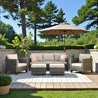 OVIOS New Vultros Gray 5-Piece Wicker Outdoor Patio Conversation Seating Set with Beige Cushions ... | The Home Depot