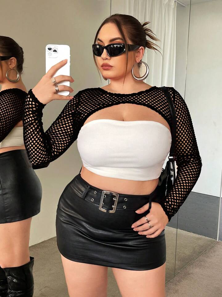 SHEIN ICON Plus Fishnet Super Crop Top Without Tube Top | SHEIN