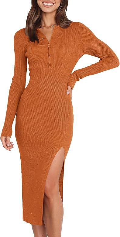 Prinbara Women's V Neck Long Sleeve Collared Button Down Knitted Bodycon Slit Midi Sweater Dress | Amazon (US)