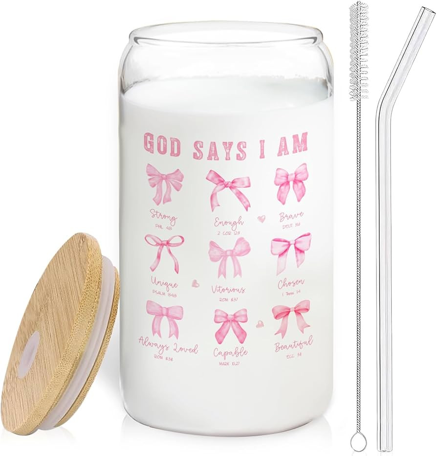 Coquette Pink Bow Christian Glass Cup with Lids and Straws 14oz, Christian Gifts for Women, God S... | Amazon (US)