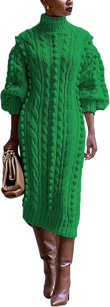 JEKYUARA Women's Cable Knit Sweater Midi Dress Turtleneck Long Sleeve Loose Tunic Plus Size Split... | Amazon (US)