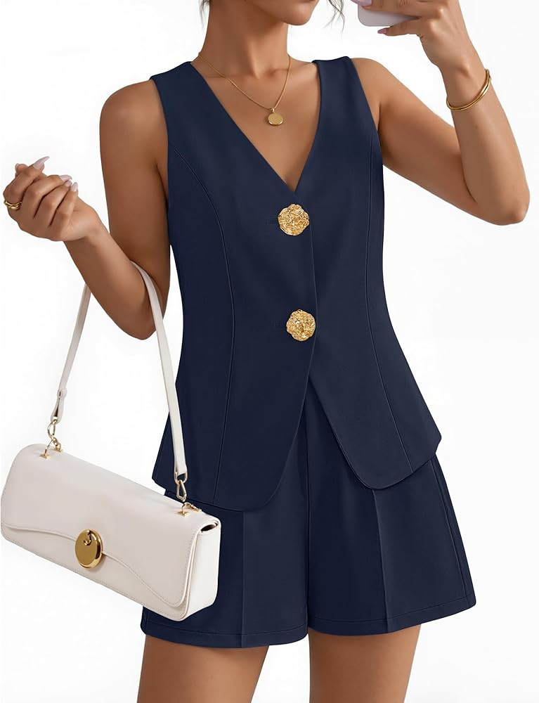 ZESICA Women’s Summer Casual 2 Piece Short Sets 2026 Button Suit Vest Tops Shorts Dressy Busine... | Amazon (US)