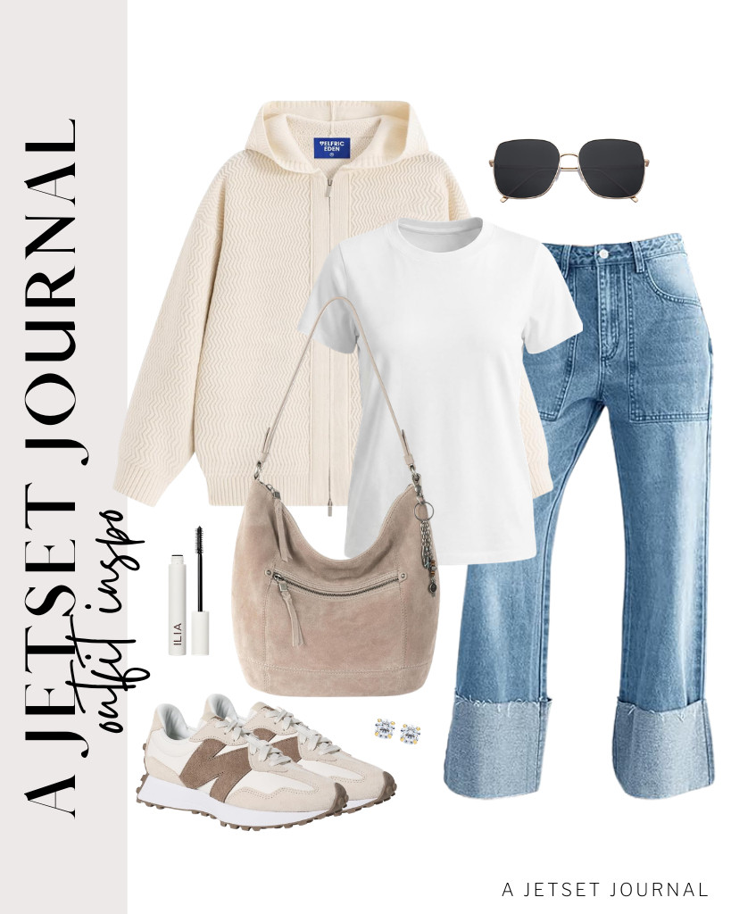 Combine this Madewell vintage tee, PLNOTME cuffed straight-leg jeans, and this beige Aelfric Eden zip-up cardigan for the first outfit. This outfit is best worn with New Balance 327 sneakers and a The Sak Sequoia leather shoulder bag. Don’t forget your SOJOS sunnies and stud earrings from TILO JEWELRY before heading out! 

 #LTKSeasonal #LTKSaleAlert #LTKTravel
