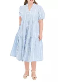 Crown & Ivy™ Plus Size Short Sleeve Yarn Dyed Ruffle Neck Midi Dress | Belk