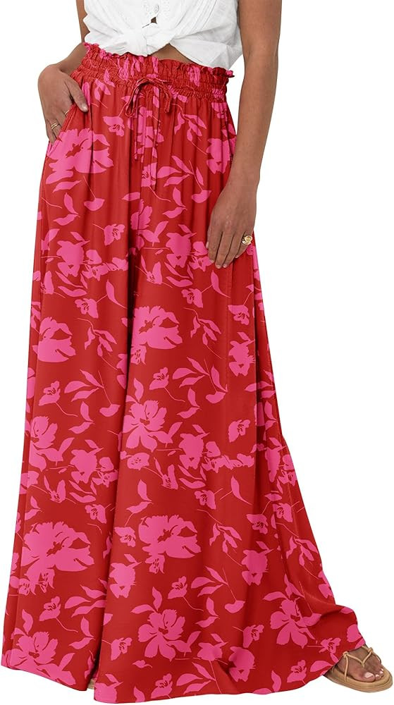 BTFBM Women Casual High Waist Wide Leg Pants Summer Floral Solid Long Palazzo Pants Lounge Beach ... | Amazon (US)