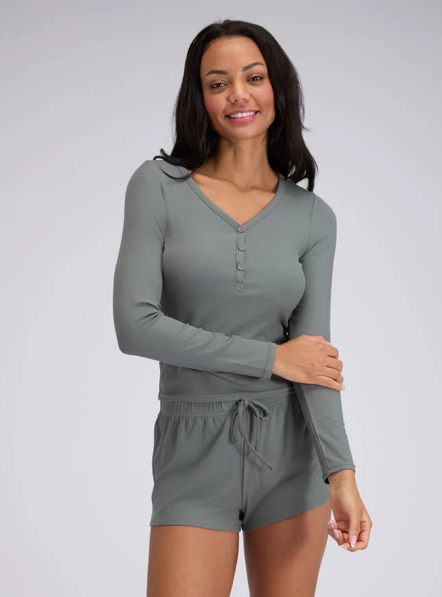 Ribbed modal henley pyjama top - Khaki | Boux Avenue (UK)